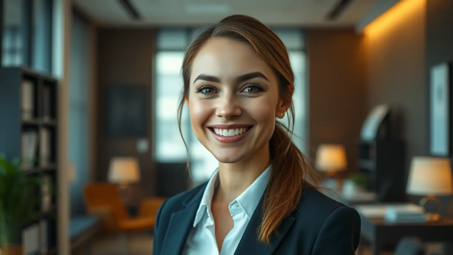 Advogada imobiliária especializada em Análise de riscos na compra de imóveis, sorrindo em ambiente de escritório