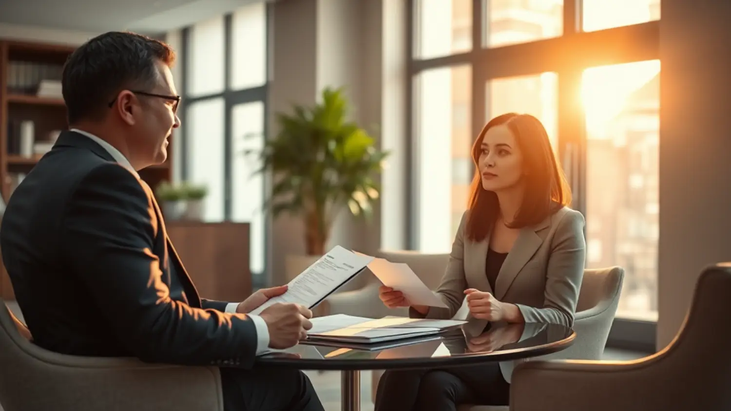 Advogado explicando distrato imobiliário para cliente em um ambiente moderno e acolhedor