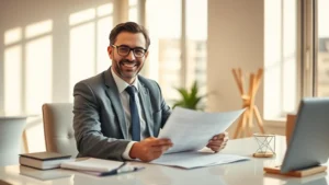 Advogado imobiliário analisando documentos na consultoria jurídica para compra de imóvel com restrições