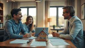 Casal conversando com advogado sobre as etapas para a compra de um imóvel em ambiente acolhedor e profissional