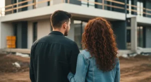 Casal olhando para imóvel em construção com atraso