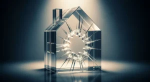 Close-up de um delicado modelo de casa em cristal com uma luminosa fratura interna partindo do centro, simbolizando um sonho interrompido ou um projeto comprometido