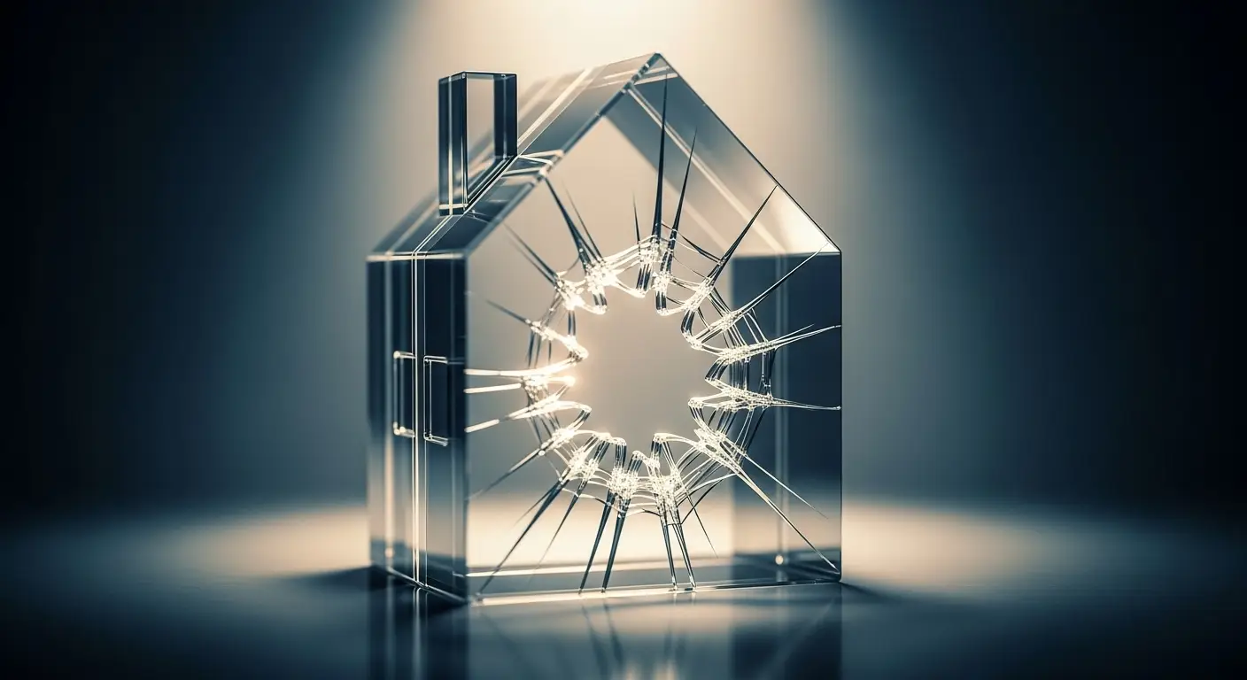 Close-up de um delicado modelo de casa em cristal com uma luminosa fratura interna partindo do centro, simbolizando um sonho interrompido ou um projeto comprometido