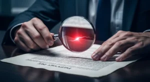Due diligence imobiliária Mãos analisam escritura com lupa revelando falha jurídica oculta em brilho vermelho, mesa sofisticada, segurança imobiliária.