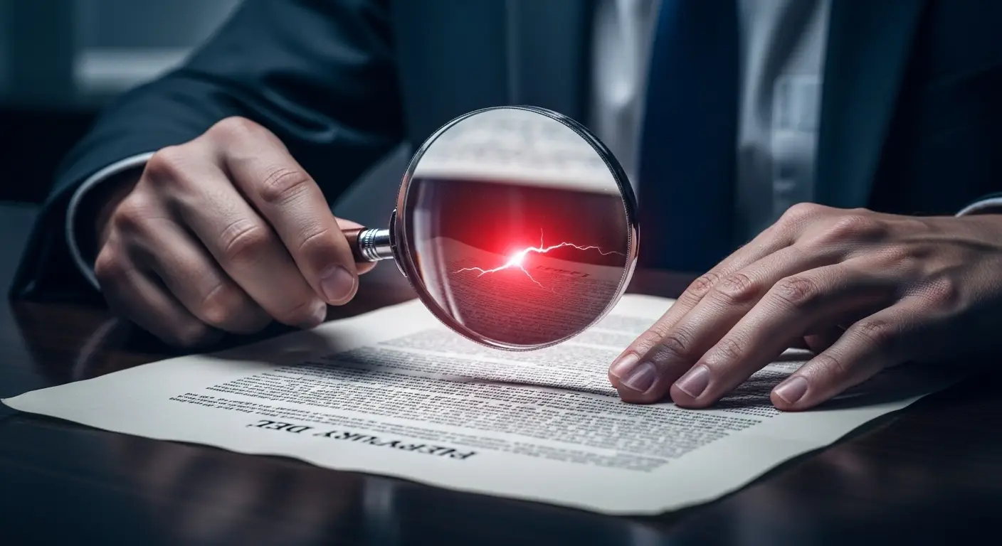 Due diligence imobiliária Mãos analisam escritura com lupa revelando falha jurídica oculta em brilho vermelho, mesa sofisticada, segurança imobiliária.