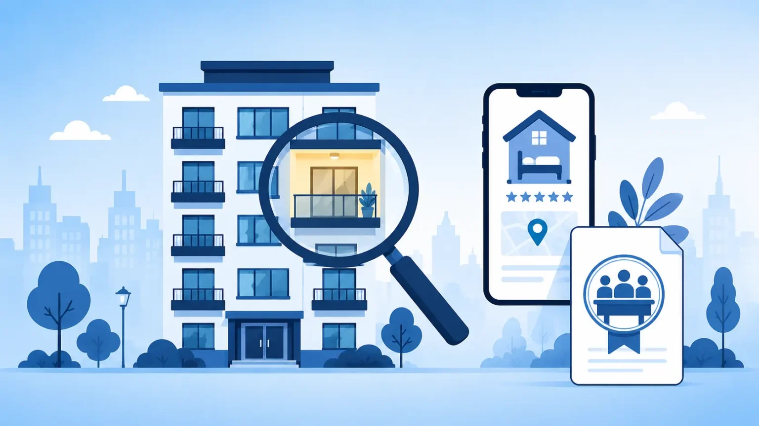 Ilustração vetorial de prédio residencial com lupa sobre uma unidade, smartphone com anúncio de hospedagem e documento de assembleia, representando a análise jurídica do Airbnb em condomínios