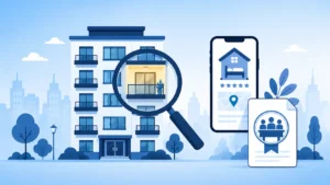 Ilustração vetorial de prédio residencial com lupa sobre uma unidade, smartphone com anúncio de hospedagem e documento de assembleia, representando a análise jurídica do Airbnb em condomínios