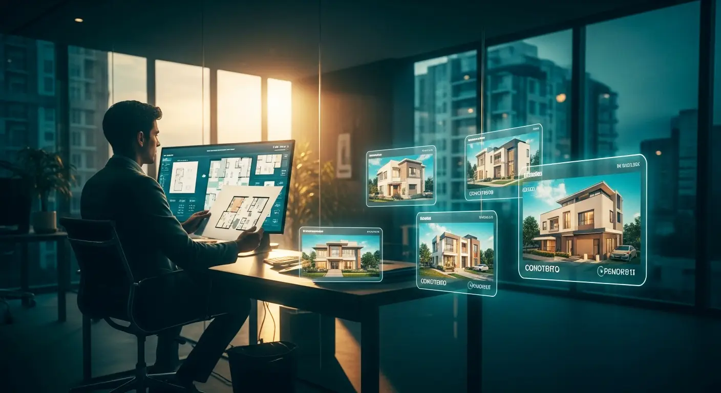 Advogado especialista em locação por encomenda analisando contratos imobiliários em escritório moderno com documentos e plantas de imóveis