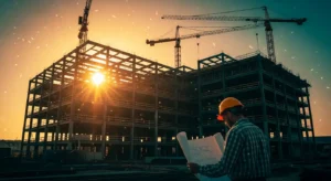 Arquiteto analisando plantas de projeto BTS em canteiro de obras industrial ao pôr do sol, com estrutura metálica em construção ao fundo