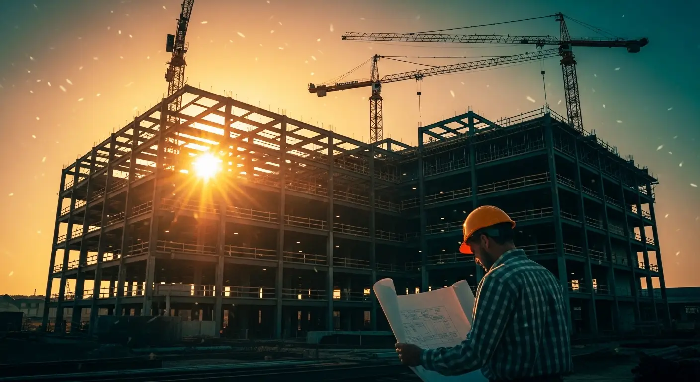Arquiteto analisando plantas de projeto BTS em canteiro de obras industrial ao pôr do sol, com estrutura metálica em construção ao fundo