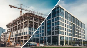 Contrato BTS Built to Suit construção de edifício comercial personalizado ao lado de prédio finalizado, ilustrando o processo de locação customizada