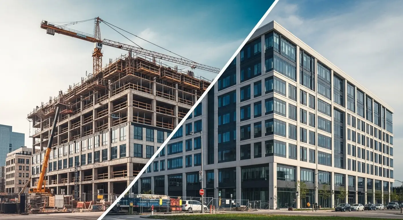 Contrato BTS Built to Suit construção de edifício comercial personalizado ao lado de prédio finalizado, ilustrando o processo de locação customizada