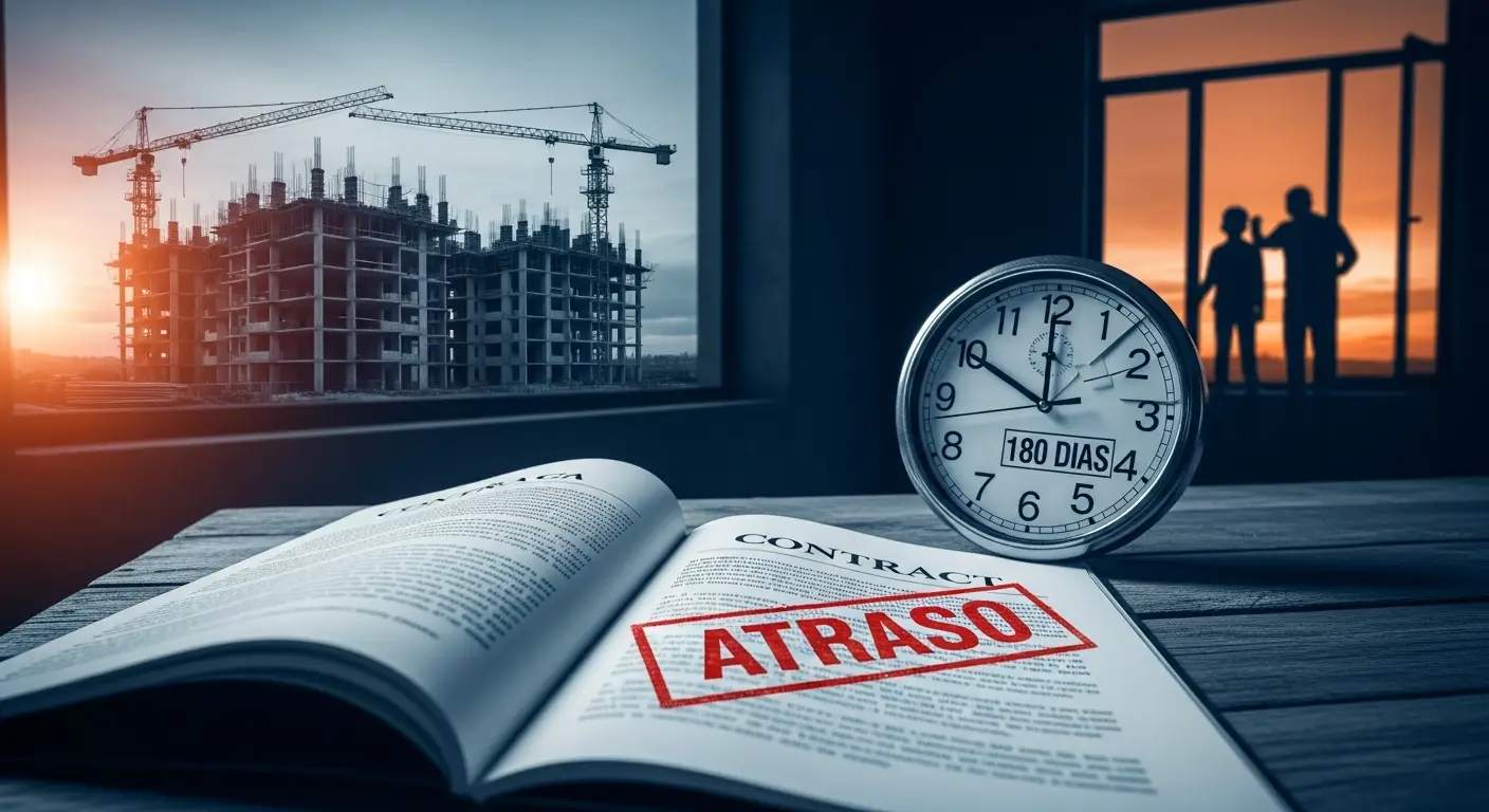 Contrato imobiliário com um carimbo vermelho de Atraso ilustrando o atraso na entrega do imóvel e o direito à indenização, com a obra inacabada ao fundo