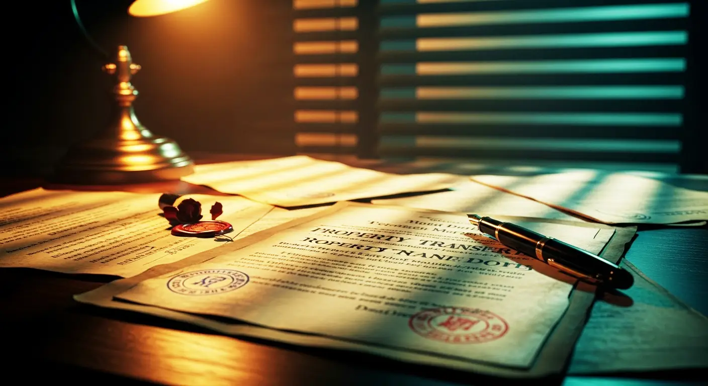 Documentos de escritura não registrada e papéis legais antigos sobre mesa de madeira com iluminação dramática - conceito de regularização imobiliária