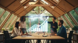 Equipe de startup colaborando em moderno escritório build to suit com projeção holográfica de projeto inovador, ambiente iluminado e sustentáve