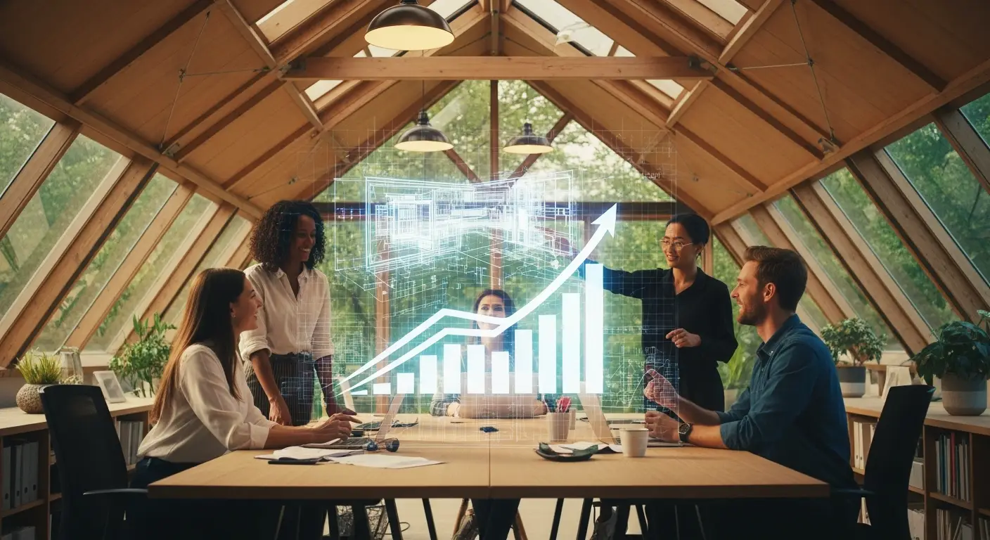 Equipe de startup colaborando em moderno escritório build to suit com projeção holográfica de projeto inovador, ambiente iluminado e sustentáve