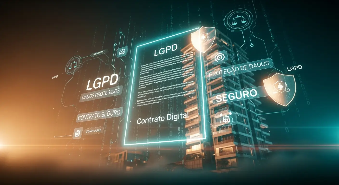 Representação visual cinematográfica de contrato digital imobiliário com proteção de dados LGPD, mostrando elementos holográficos de segurança digital e compliance jurídico para compra de imóveis