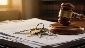 NR Advogados Imobiliários: Assessoria jurídica Especializada 14 Documentos jurídicos e chaves representando a disputa de quando um herdeiro pode impedir a venda de um imóvel em inventário