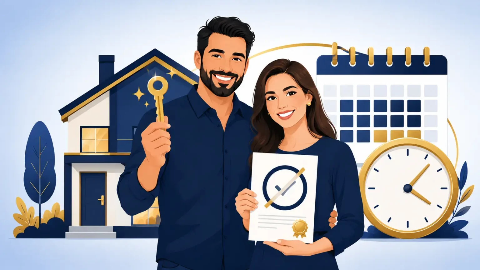 Casal recebendo chave de imóvel com símbolo de isenção fiscal e prazo de 180 dias, ilustração vetorial