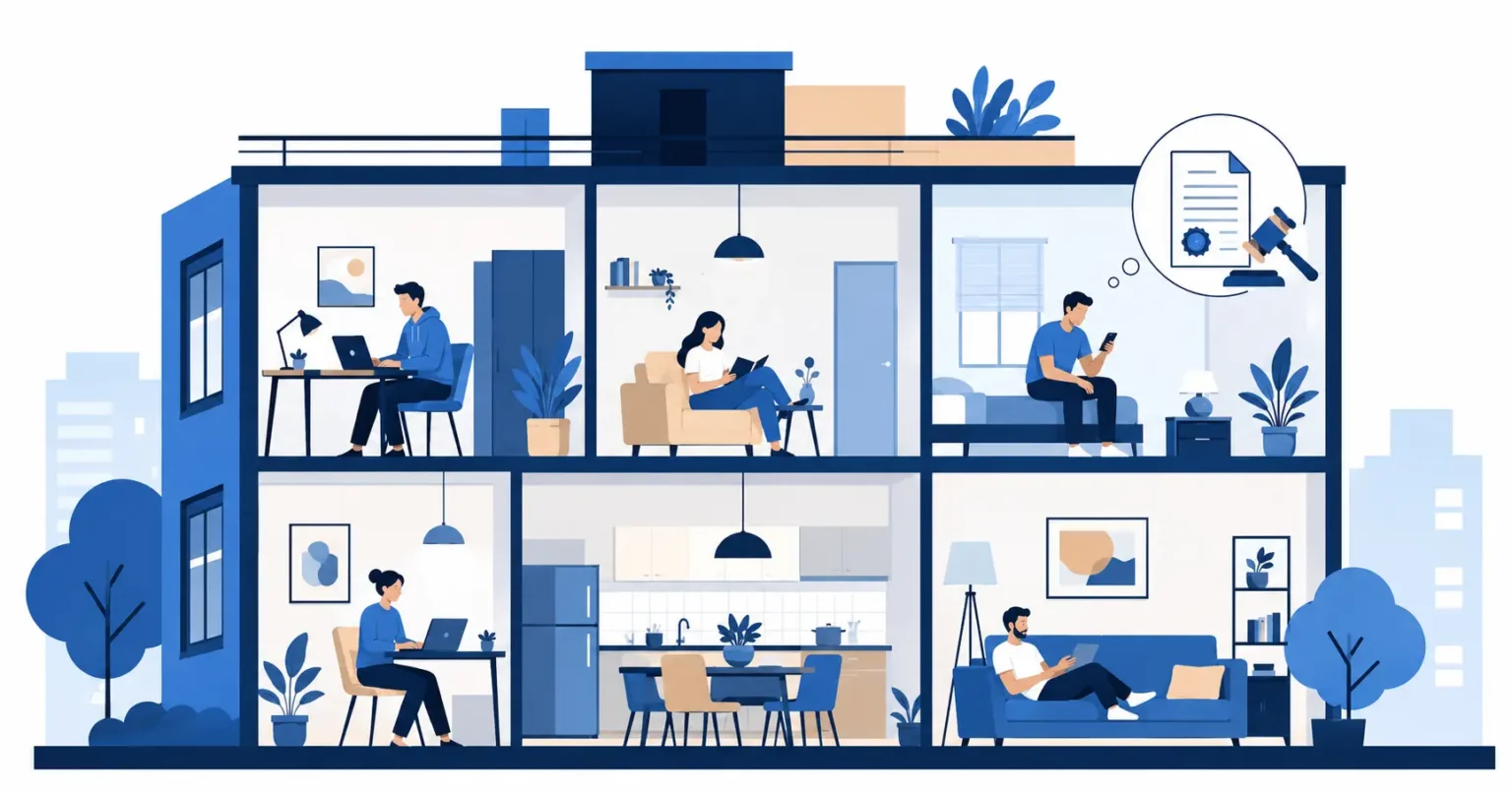 lustração vetorial de edifício residencial em corte com moradores em quartos individuais e áreas compartilhadas, com destaque para contrato e martelo do STJ representando questões legais de coliving em São Paulo