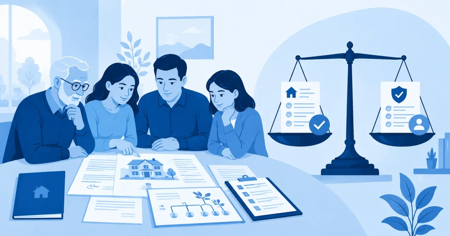 Família examinando documentos de patrimônio e componentes do custo de inventário em São Paulo, em ilustração vetorial azul.