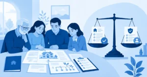 NR Advogados Imobiliários: Assessoria jurídica Especializada 14 Família examinando documentos de patrimônio e componentes do custo de inventário em São Paulo, em ilustração vetorial azul.