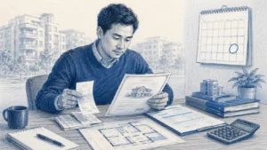 Pessoa organizando comprovantes de aquisição, escritura e guia de imposto de transmissão para apurar o ganho de capital da venda de imóvel, ao lado de um calendário com o prazo de pagamento assinalado