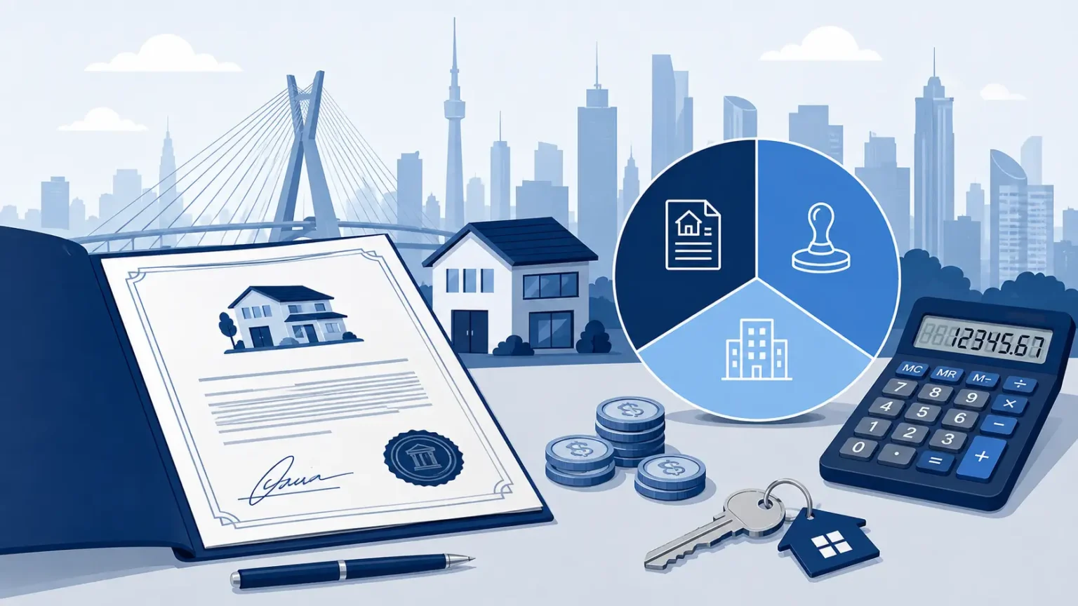 Ilustração flat com documentos, calculadora e gráfico representando os custos de escritura, registro e ITBI na documentação de um imóvel em São Paulo.