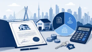 Ilustração flat com documentos, calculadora e gráfico representando os custos de escritura, registro e ITBI na documentação de um imóvel em São Paulo.